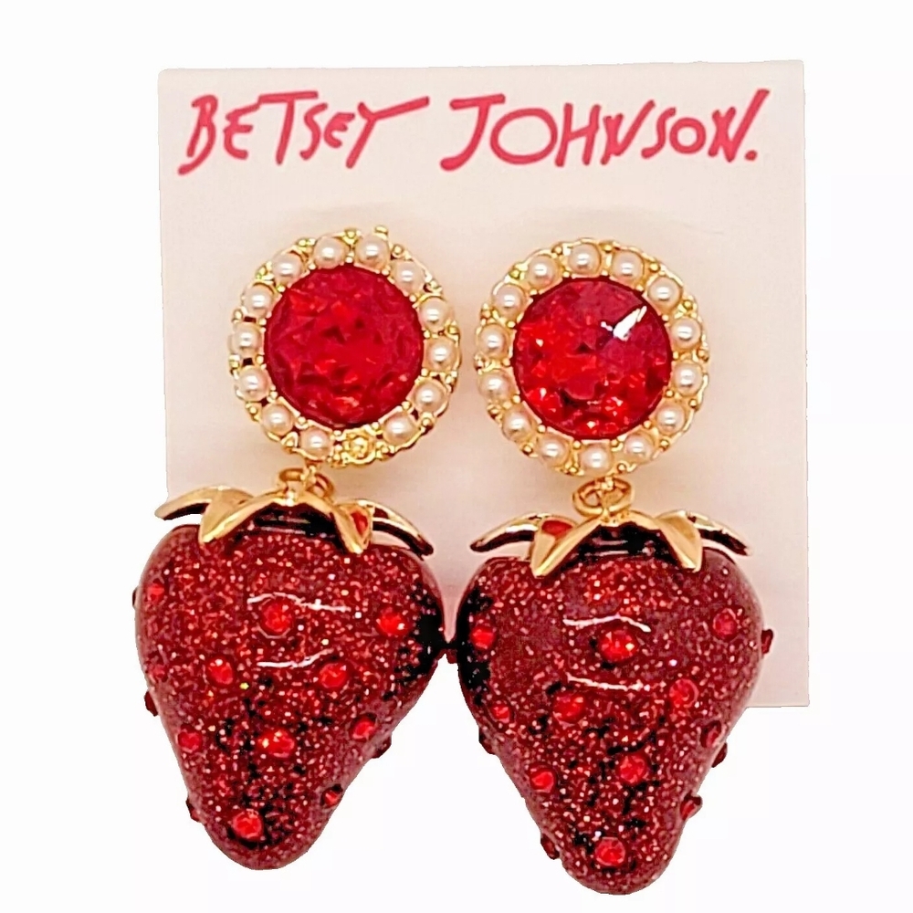 Betsey Johnson Large Red Glass Strawberry Drop Earrings Red with Faux Pearls